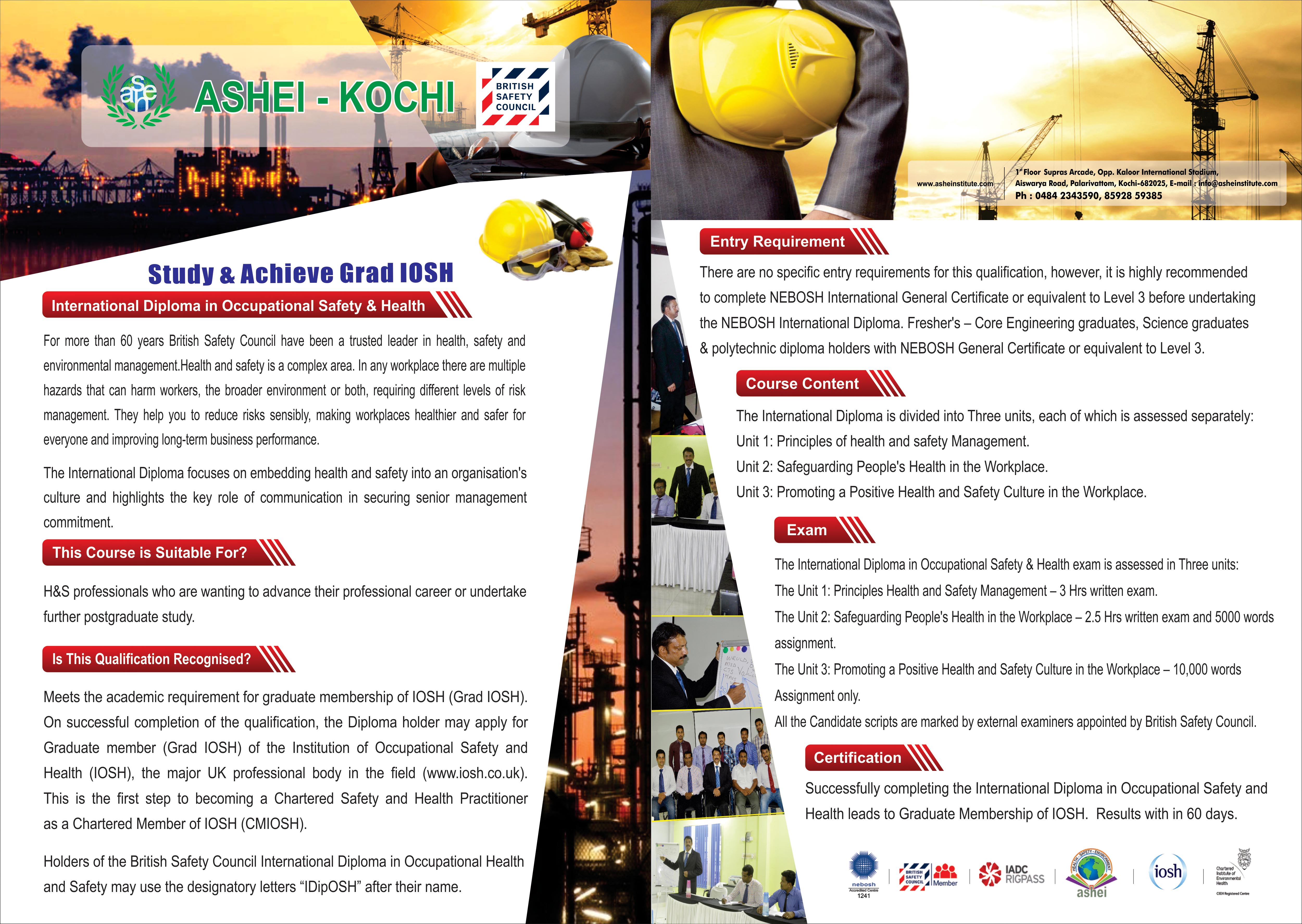 IOSH courses in kerala, IDIP OSH in Kochi, BSC Level 6 course to register call 9447609617